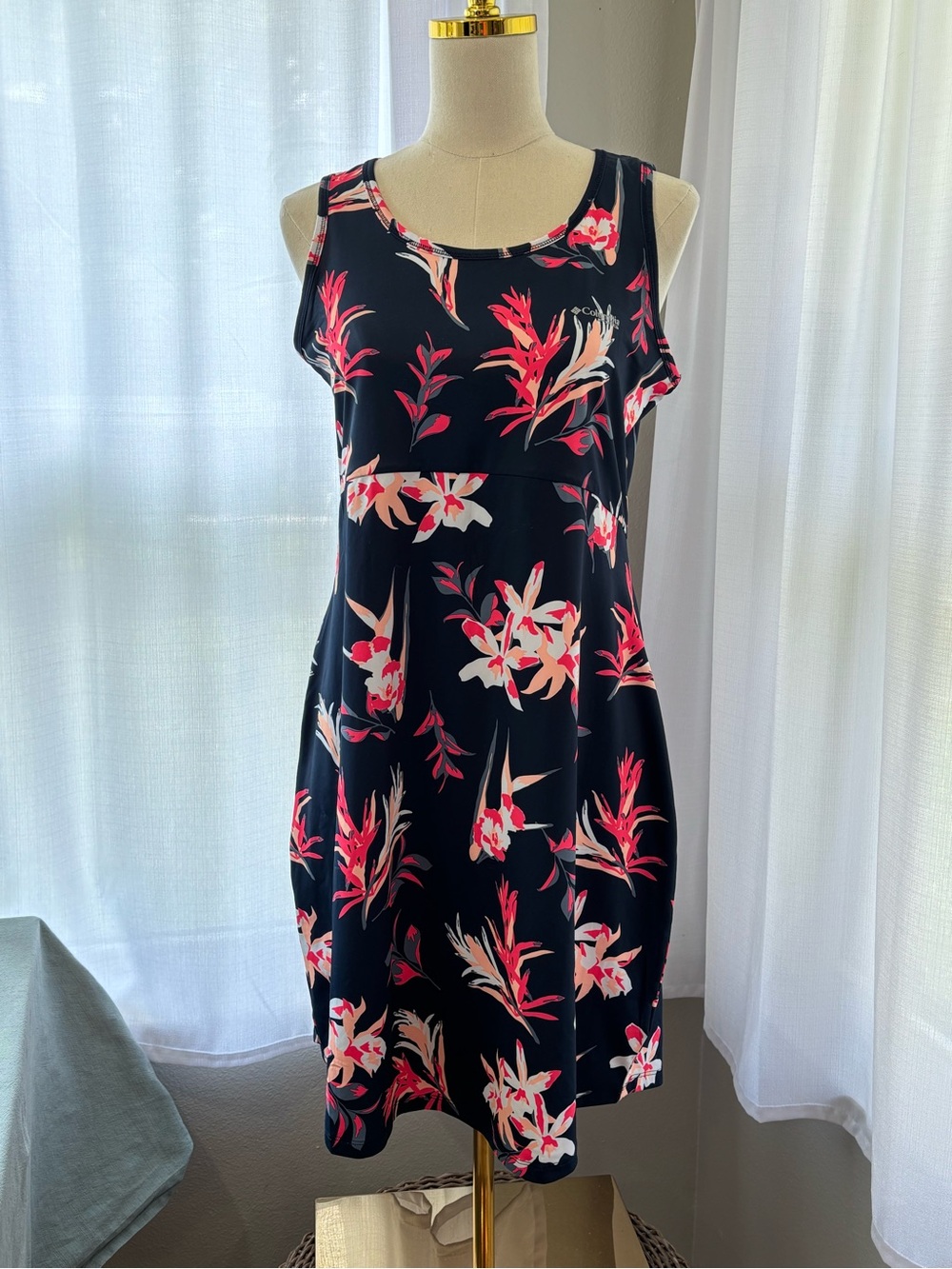 Columbia PFG Navy Sleeveless Midi Dress with Pink & Cream Floral Print